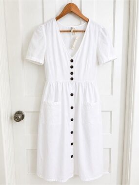 Japna White Button-Front V-Neck Midi Dress - NWT, white, cotton